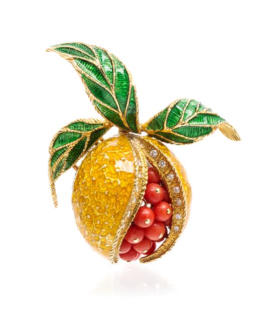 an-18-karat-yellow-gold-coral-diamond-and-polychrome-enamel brooch. sophiworld.com