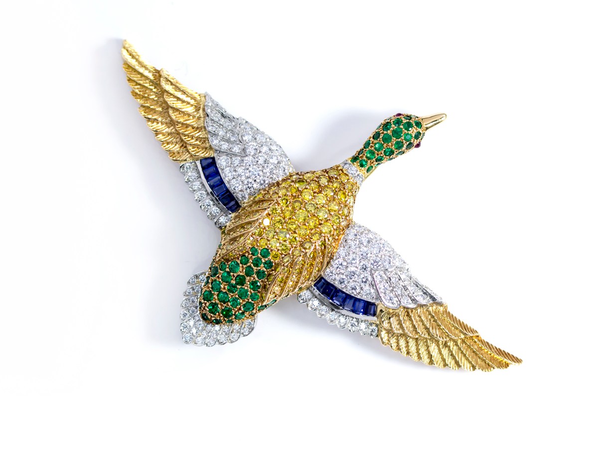 Gold & Platinum Sapphire Sapphire Emerald Diamond Duck Brooch.sophiworld.com